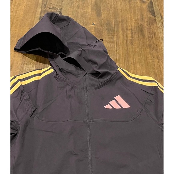 Adidas Men's Lightweight Hooded Jacket Gray Yellow Pink Stripes Athletic Size XS - Picture 3 of 9